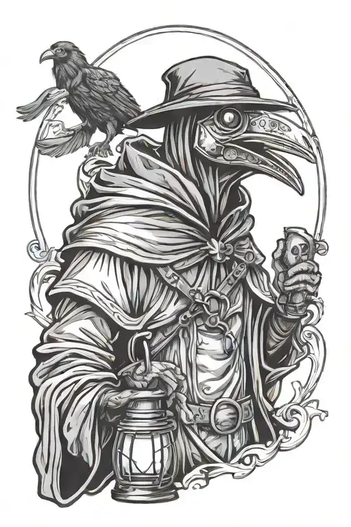 Plague Doctor Holding A Lantern With A Raven On His Shoulder