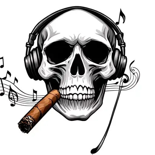 Cigar Smoking Skull Listening To Music Note Intertwined