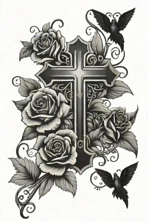 Simple Cross With Roses And Angel Wings