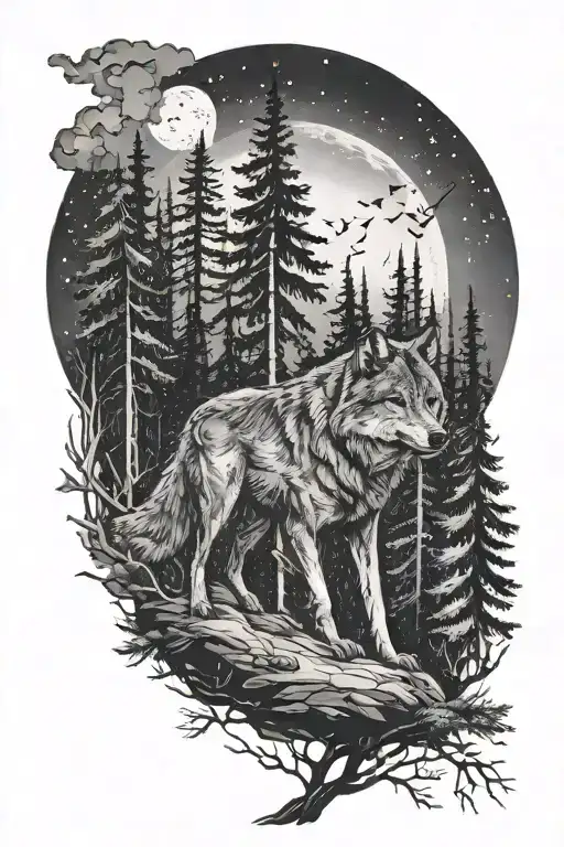 Monochromatic Night Scene Will A Forest And A Wolf