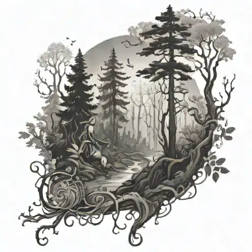 Magical Forest Scene With A Dreamy Girl Wandering Through