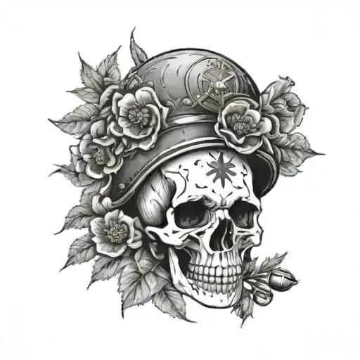 Skull Wearing Army Helmet Surrounded By Red Poppies And A Compass