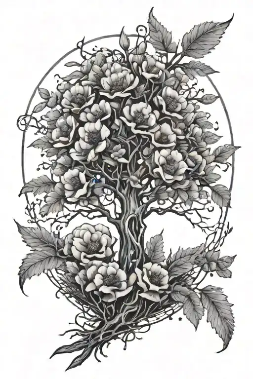 Rowan Tree With Poppy Flowers And A Quiver Of Arrows Against The Tree