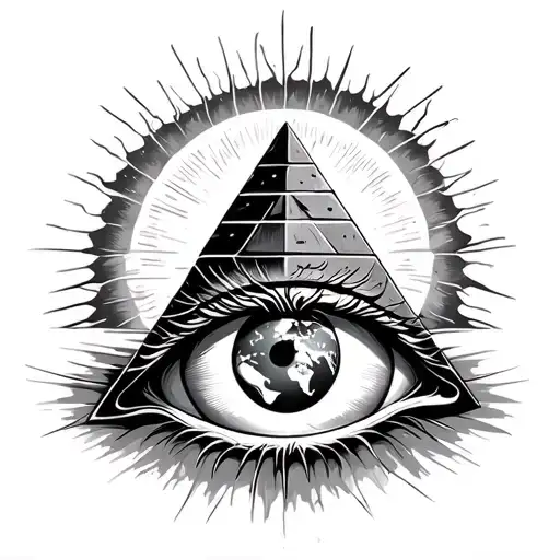 Pyramid With Evil Eye In Center With World In Pupil With Sun In Background