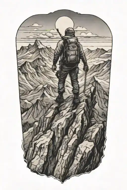 A Realistic Black And Grey Tattoo Of A Mountain Climber Reaching The Summit Of A Peak