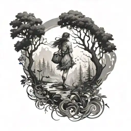 Magical Forest Scene With A Dreamy Girl Wandering Through