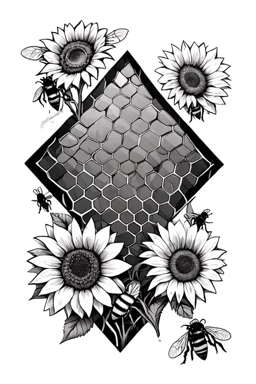 Diamond Honey Comb With Bumble Bees And Sunflowers