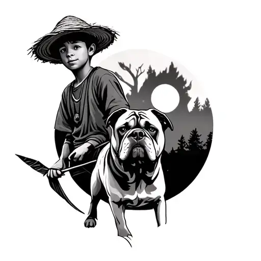Boy With A Straw Hat In The Forest With Arrow And Bow Full Moon Accompanied By His Bullmastiff