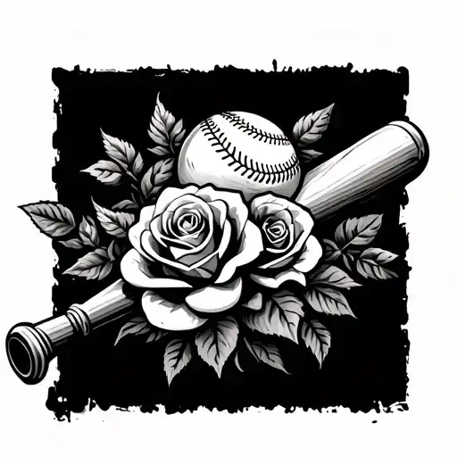Baseball And Baseball Bat With Roses