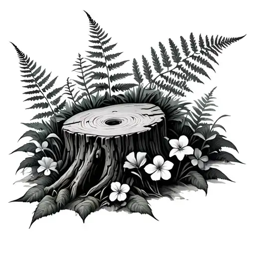 Tree Stump With Ferns Trilliums And Violets And Moss