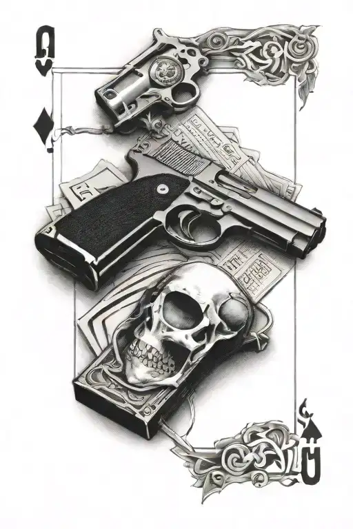 Cards And Guns Inside A Black Frame