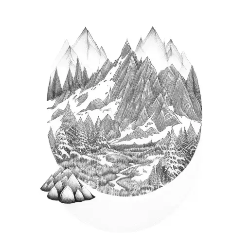 A Serene Mountain Range With A Hidden Waterfall And Forest Animals