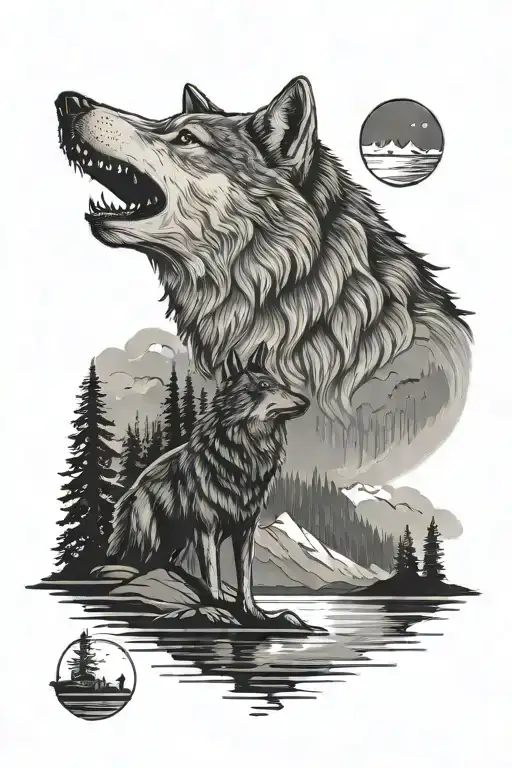 Lake Scene With Northern Lights And Wolf On The Beach