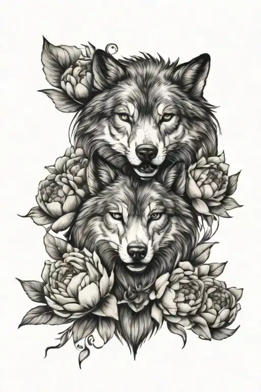 Wolf Face And Peonies With Flowers