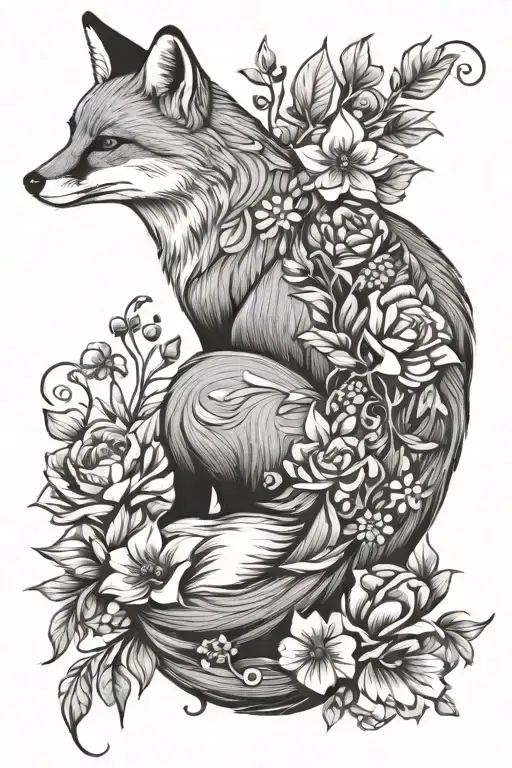 Fox In Flowers In Dynamic Pose Looking Down