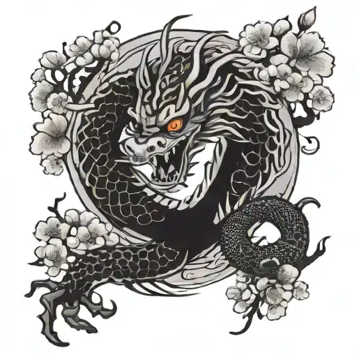 Japanese Dragon And Cherry Blossom
