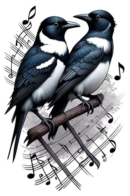 Two Magpies And Music Note Intertwined Representing The Client's