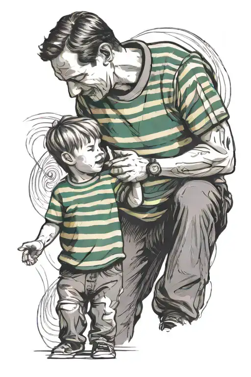 Father And Son A Father Holding His Son's Hand With A Yellow And Green Striped Jersey