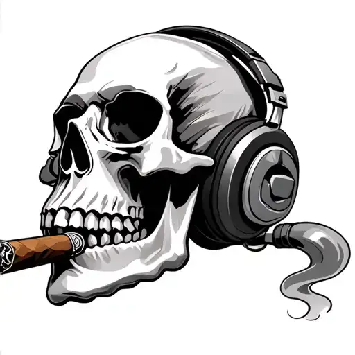 Cigar Smoking Skull Wearing Headphones