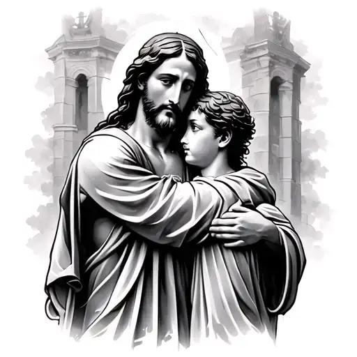 Jesus Hugging Boy Walking