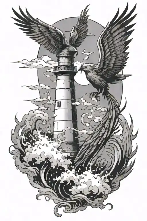Phoenix And Seagoat Clashing With Lighthouse In The Background