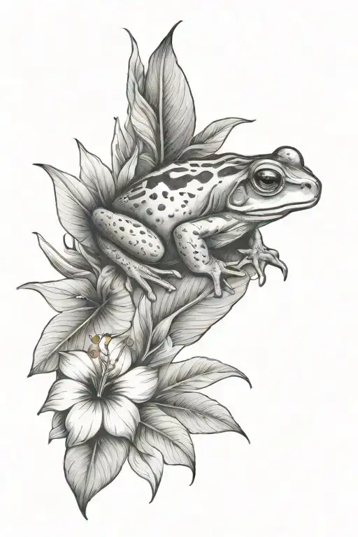 Small Frog And Tropical Leaves And Hibiscus