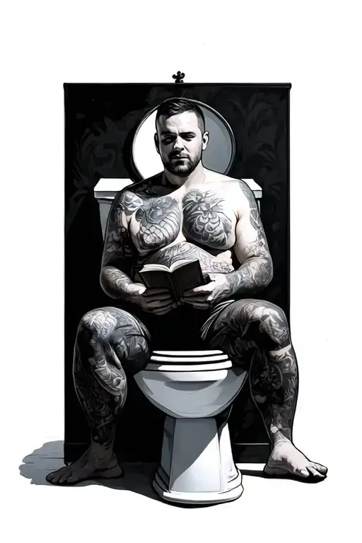 A Man Sitting On The Toilet And Holding A Book In His Hands
