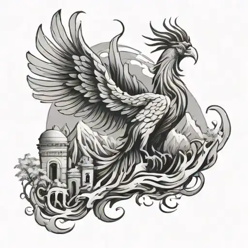 Phoenix Coming Out Of The Ashes Of Ruins And Mountians