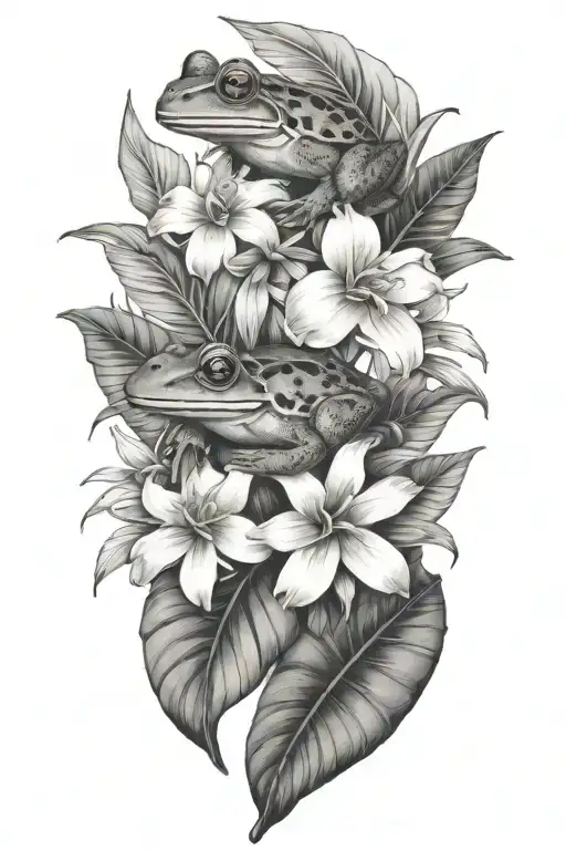 Tropical Leaves With Flowers An Frog