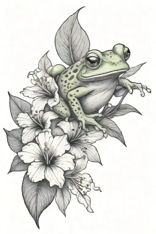 Small Frog And Tropical Leaves And Hibiscus