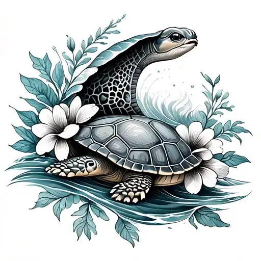 Wave With Turtle And Flowers