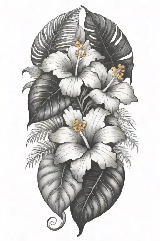 Tropical Leaves With Hibiscus Flowers And Frog