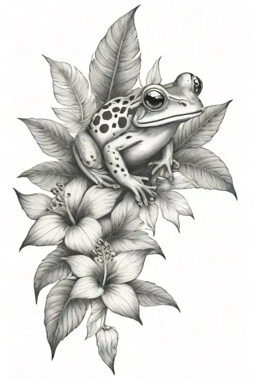 Small Frog And Tropical Leaves And Hibiscus
