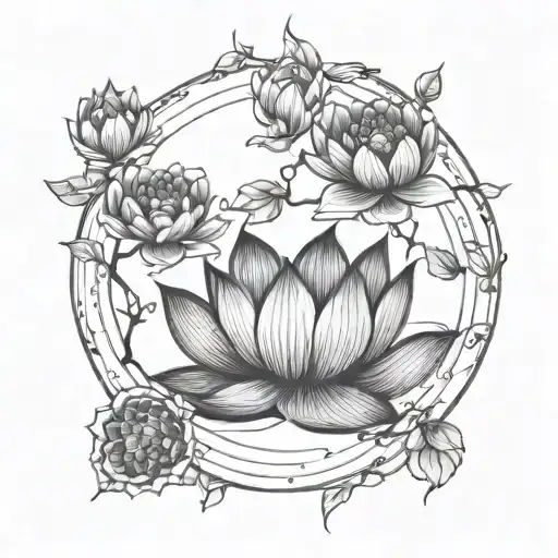 Circle With Branch Inside With Flowers Blooming Lotus Flower