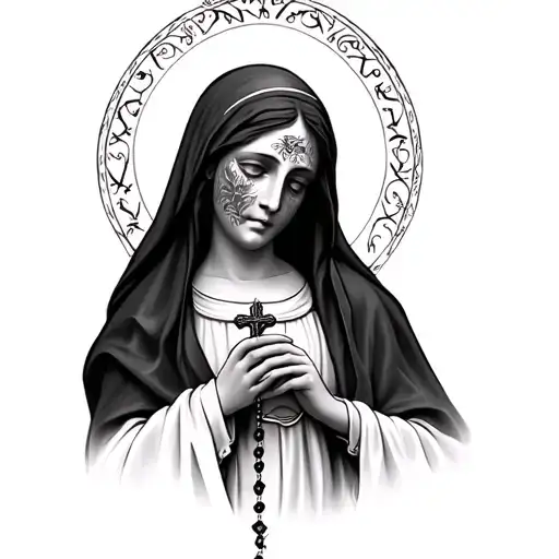 Mary With Tattoo On Her Face And Holding Rosary Wrapped