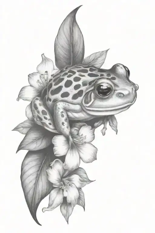 Litle Frog And Tropical Leaves And Hibiscus