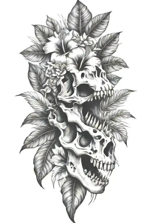 Tropical Leaves And Hibiscus With T Rex Skull