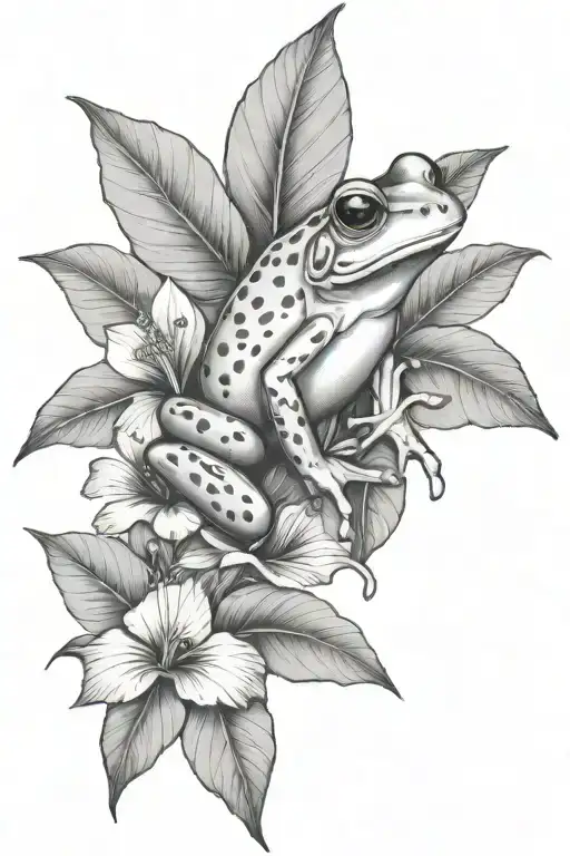 Small Frog And Tropical Leaves And Hibiscus