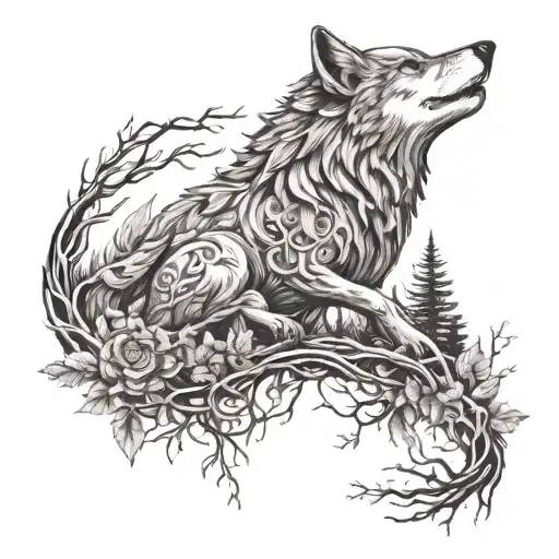 Druid Mixed With Nature Elements Like Trees And Wolf