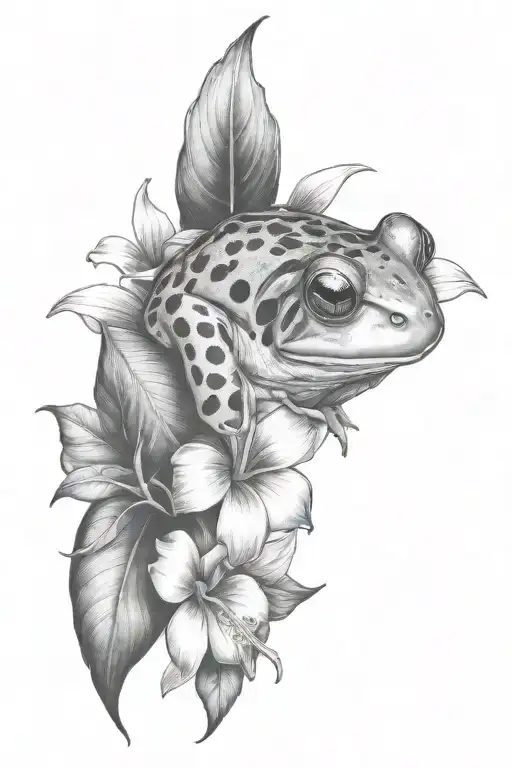 Litle Frog And Tropical Leaves And Hibiscus
