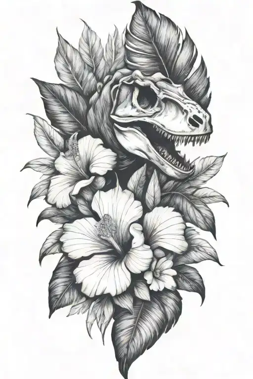 Tropical Leaves And Hibiscus With T Rex Skull