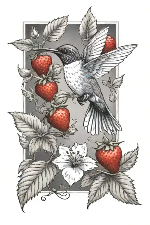 Humming Bird Hovering Over Strawberry Bush