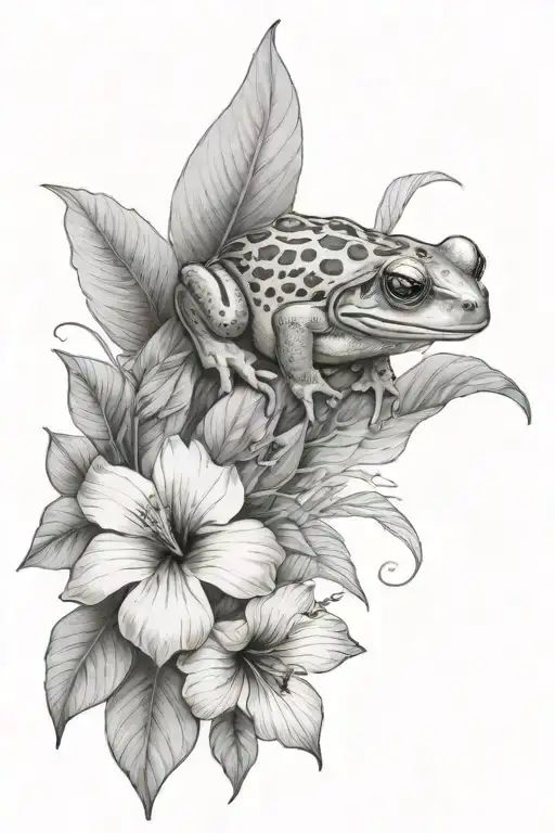 Small Frog And Tropical Leaves And Hibiscus
