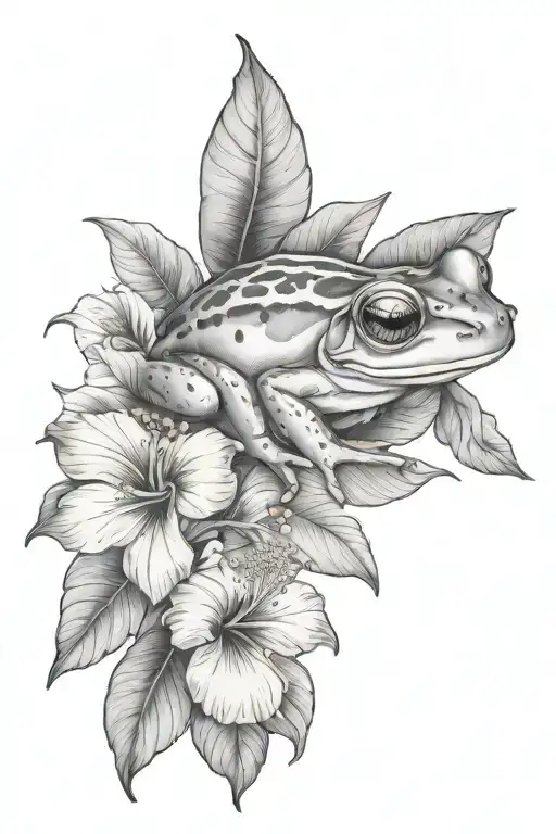 Small Frog And Tropical Leaves And Hibiscus