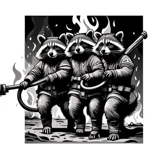 Three Firefighter Raccoons With Fire Hose Fighting Fire