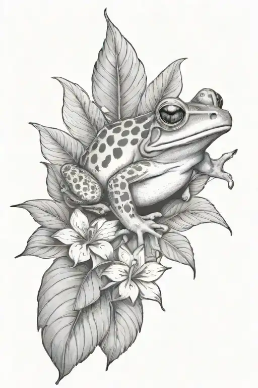 Small Frog And Tropical Leaves And Hibiscus