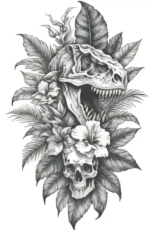 Tropical Leaves With Hibiscus An T Rex Skull