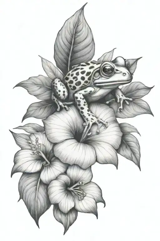 Small Frog And Tropical Leaves And Hibiscus