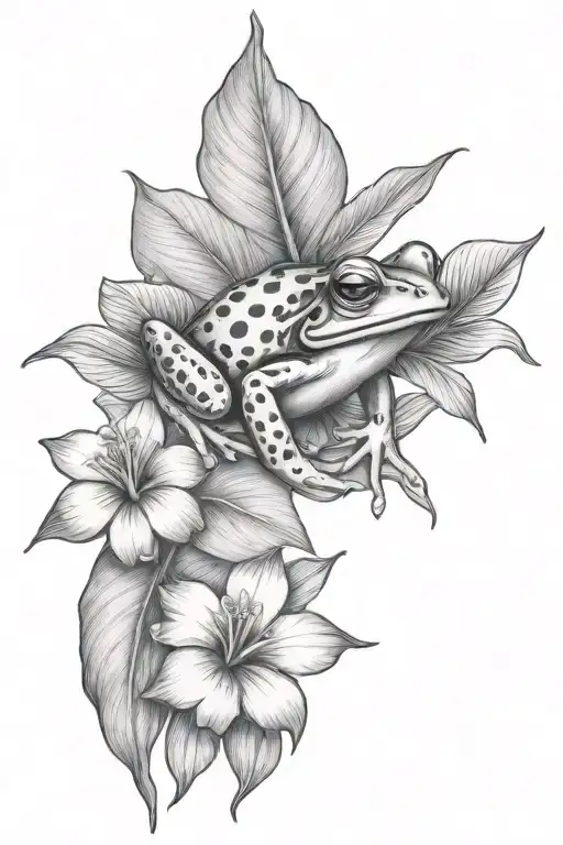 Small Frog And Tropical Leaves And Hibiscus