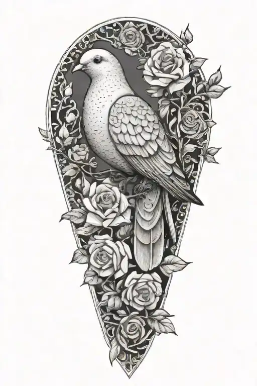 Zentangle Drawing Of A Perched Dove Atop Roses